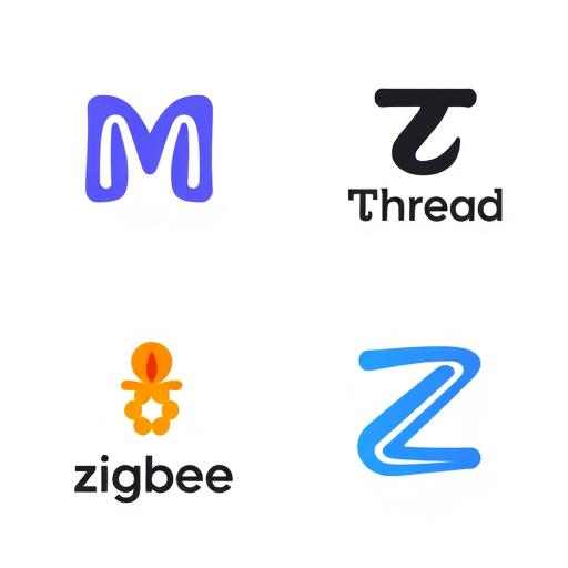 logos and icons representing Matter, Thread, Zigbee, and Z-Wave