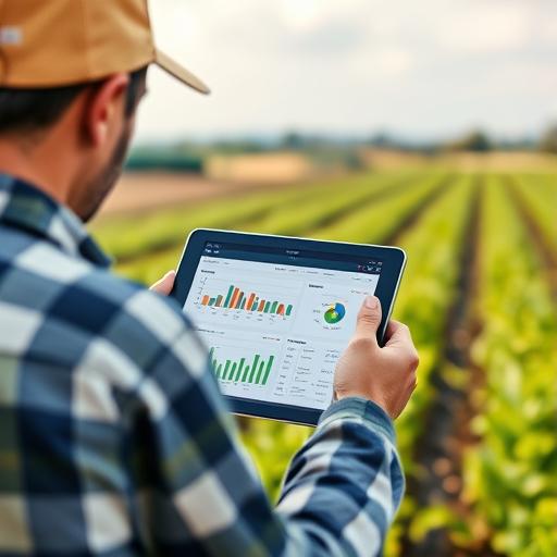 Farmer viewing farm analytics dashboard on a tablet in the field