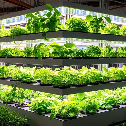 Multi-tier vertical farm with LED lighting and automated nutrient delivery