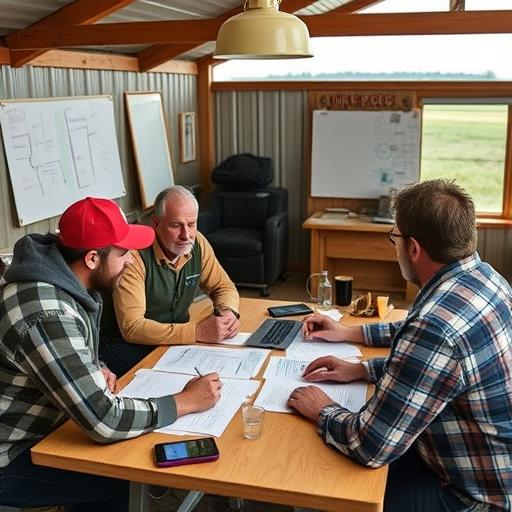 Team meeting in a farm office planning a phased precision agriculture rollout