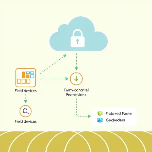 Diagram showing a secure data flow from field devices to cloud with farmer-controlled permissions