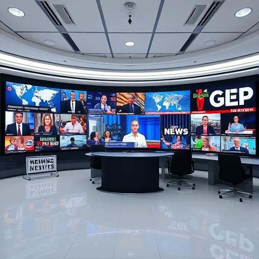 Newsroom screens showing multiple global news feeds