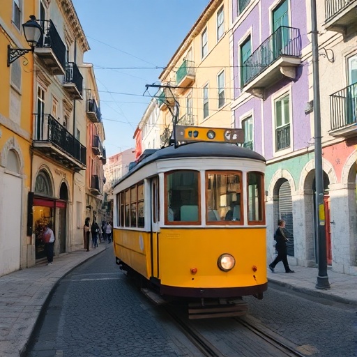 Alfama tram winding through colorful streets