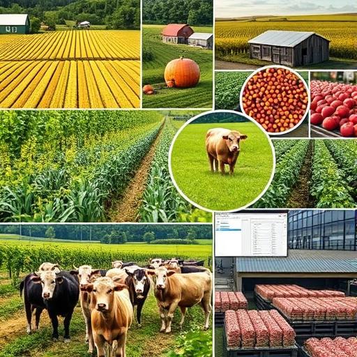 Collage of row crops, orchards, livestock, and packhouse operations tied together on a single software interface