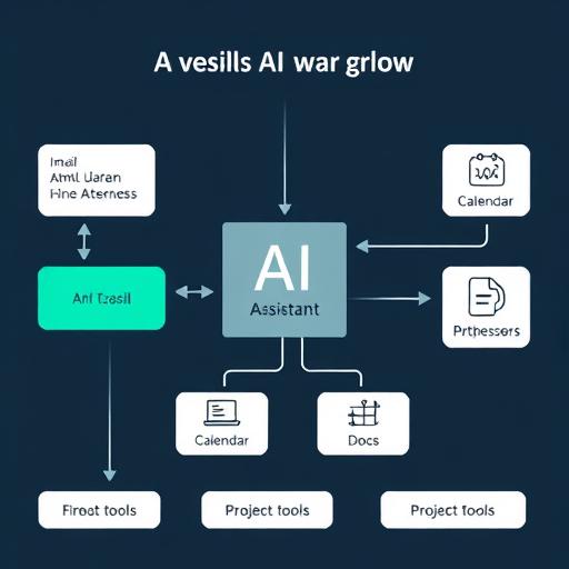 AI workflow diagram showing tasks flowing into an AI assistant and outputs feeding email, calendar, docs, and project tools