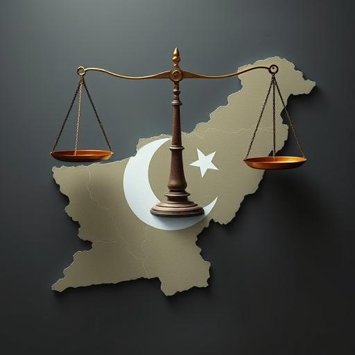 Balanced scales over an outline map of Pakistan
