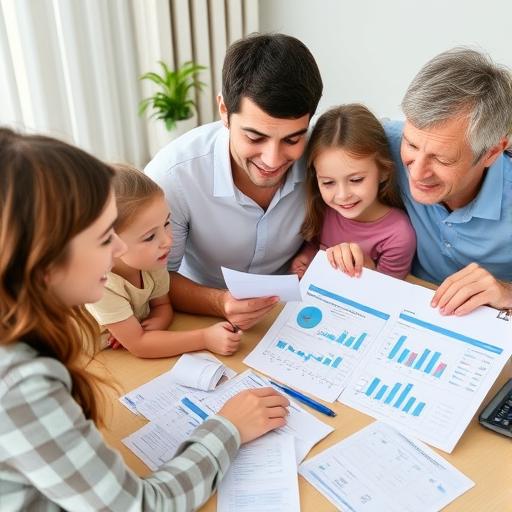Family reviewing a household budget with charts and receipts