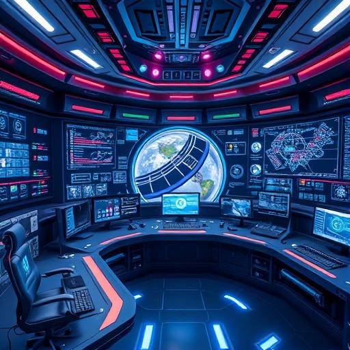 Futuristic control room visualizing cyber and space assets