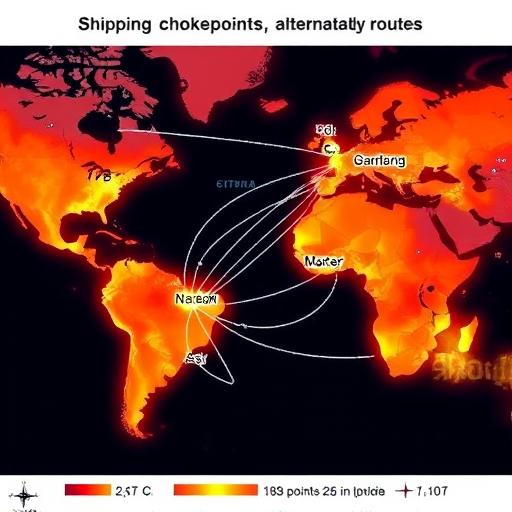 Heat map showing shipping choke points and alternative routes