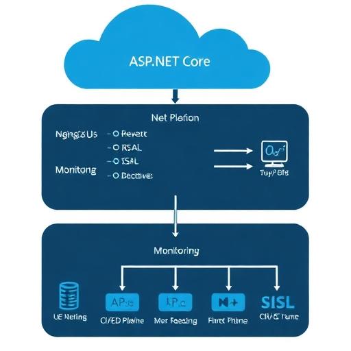 Diagram showing ASP.NET Core app behind Nginx/IIS reverse proxy with SSL, CI/CD pipeline, and monitoring