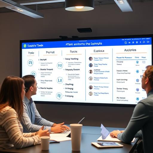 Team collaborating with a digital whiteboard listing AI tools, prompts, and KPIs