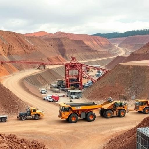 open pit copper operation with haul trucks and processing plant