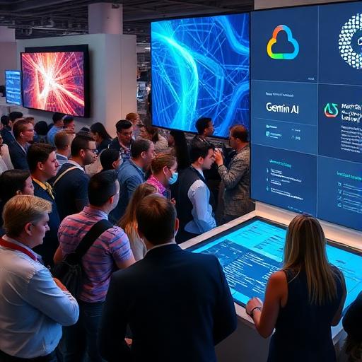 A diverse group of tech professionals and executives engaging with interactive displays at a Google Cloud Next '24 style conference, with 'Gemini AI' and 'Enterprise Transformation' subtly integrated into the background visuals.