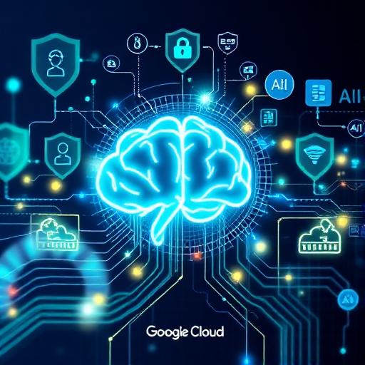 A digital representation of secure data flow and AI model training within a cloud environment, emphasizing ethical AI principles and robust cybersecurity measures, with Google Cloud branding.