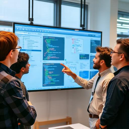 Developers collaborating around a large digital specification document with clear diagrams and code snippets